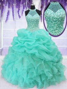 Halter Top Sleeveless Organza Floor Length Lace Up 15 Quinceanera Dress in Aqua Blue with Beading and Ruffles and Pick Ups
