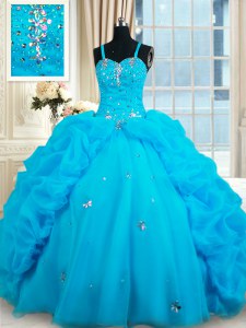 Fitting Straps Sleeveless Quinceanera Dress Floor Length Beading and Pick Ups Baby Blue Organza