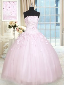 Superior Baby Pink Strapless Lace Up Beading and Appliques Ball Gown Prom Dress Sleeveless