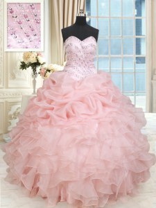 Baby Pink Lace Up Quinceanera Gowns Beading and Ruffles and Pick Ups Sleeveless Floor Length