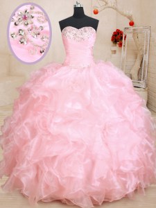 Flare Baby Pink Lace Up Quince Ball Gowns Beading and Ruffles Sleeveless Floor Length