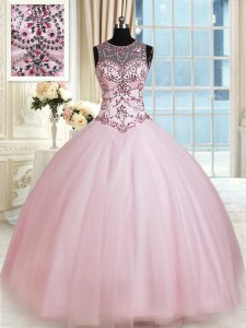 Beautiful Ball Gowns Vestidos de Quinceanera Baby Pink Scoop Tulle Sleeveless Floor Length Lace Up