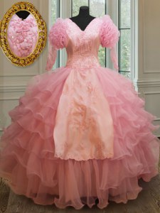 Baby Pink Organza Zipper V-neck Half Sleeves Floor Length Sweet 16 Dresses Beading and Embroidery and Ruffled Layers