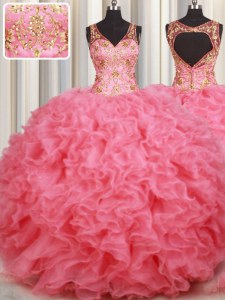 Deluxe Pink Organza Backless Quinceanera Dress Sleeveless Floor Length Beading and Ruffles