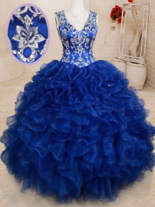 Edgy Royal Blue Backless V-neck Beading and Embroidery and Ruffles Quince Ball Gowns Organza Sleeveless
