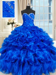 Royal Blue Sleeveless Floor Length Beading and Ruffles Lace Up Vestidos de Quinceanera