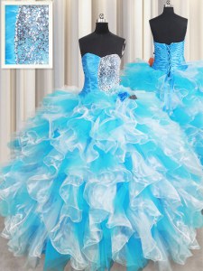 New Arrival Blue And White Organza Lace Up Quinceanera Dress Sleeveless Floor Length Ruffles and Sequins