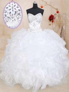 Ideal White Organza Lace Up Sweetheart Sleeveless Floor Length Vestidos de Quinceanera Beading and Ruffles