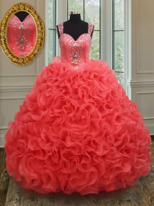 Coral Red Vestidos de Quinceanera Military Ball and Sweet 16 and Quinceanera and For with Beading Straps Sleeveless Zipper