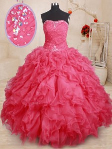 Stylish Beading and Ruffles 15 Quinceanera Dress Coral Red Lace Up Sleeveless Floor Length