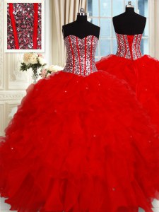 Sleeveless Tulle Floor Length Lace Up 15th Birthday Dress in Red with Ruffles and Sequins