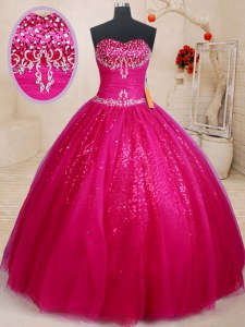Sequins Fuchsia Sleeveless Tulle Lace Up Sweet 16 Dress for Military Ball and Sweet 16 and Quinceanera
