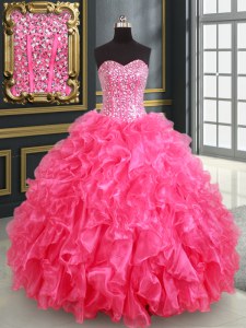 Artistic Hot Pink Lace Up Sweet 16 Dress Beading and Ruffles and Sequins Sleeveless Floor Length