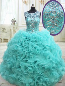 High End See Through Scoop Sleeveless Lace Up Quince Ball Gowns Aqua Blue Fabric With Rolling Flowers