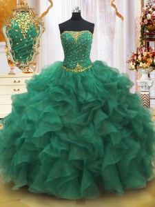 Ball Gowns 15th Birthday Dress Dark Green Strapless Organza Sleeveless Floor Length Lace Up