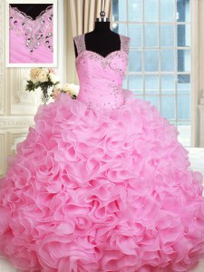 Beauteous Rose Pink Ball Gowns Straps Sleeveless Organza Floor Length Zipper Beading and Ruffles 15 Quinceanera Dress
