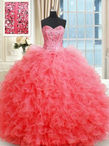 Clearance Coral Red Sweetheart Neckline Beading and Ruffles Quinceanera Gowns Sleeveless Lace Up