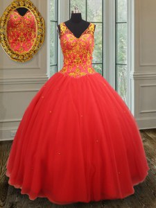 Glamorous Rust Red Ball Gowns Organza V-neck Sleeveless Beading and Appliques Floor Length Zipper Quinceanera Dresses