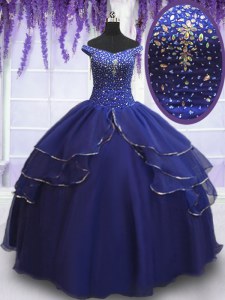 Off the Shoulder Royal Blue Lace Up 15 Quinceanera Dress Beading and Ruffled Layers and Sequins Sleeveless Floor Length