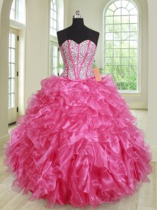 Hot Pink Organza Lace Up Sweetheart Sleeveless Floor Length Quinceanera Dress Beading and Ruffles
