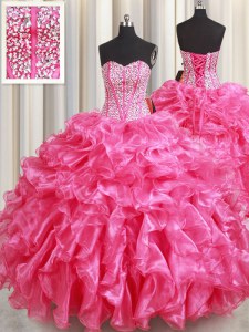 Amazing Sleeveless Organza Floor Length Lace Up Sweet 16 Dress in Hot Pink with Beading and Ruffles