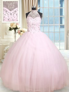 Affordable Halter Top Baby Pink Lace Up Ball Gown Prom Dress Beading Sleeveless Floor Length