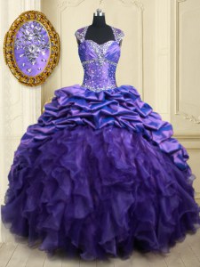 Hot Sale Straps Beading and Ruffles and Pick Ups Ball Gown Prom Dress Purple Lace Up Cap Sleeves Brush Train