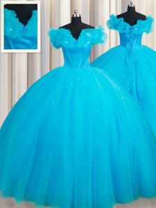 Dazzling Off the Shoulder Baby Blue Sleeveless Court Train Hand Made Flower Ball Gown Prom Dress