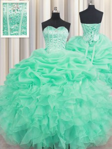 Beautiful Apple Green Ball Gowns Organza Sweetheart Sleeveless Beading and Ruffles and Pick Ups Floor Length Lace Up 15th Birthday Dress