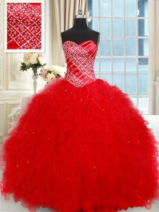 Latest Sleeveless Tulle Floor Length Lace Up Quince Ball Gowns in Red with Beading and Ruffled Layers