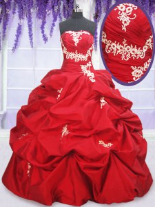 Taffeta Strapless Sleeveless Lace Up Appliques and Pick Ups Sweet 16 Dress in Red