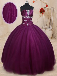 Dark Purple Ball Gowns Beading 15th Birthday Dress Lace Up Tulle Sleeveless Floor Length