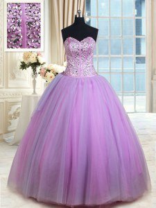 Custom Design Sleeveless Tulle Floor Length Lace Up 15th Birthday Dress in Lavender with Beading