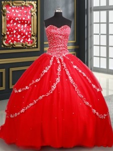 Sweetheart Sleeveless Quinceanera Gown Beading and Appliques Red Tulle