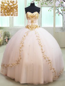 Sleeveless Tulle Floor Length Lace Up 15 Quinceanera Dress in White with Beading and Appliques