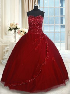 Ball Gowns Quinceanera Dresses Wine Red Sweetheart Tulle Sleeveless Floor Length Lace Up