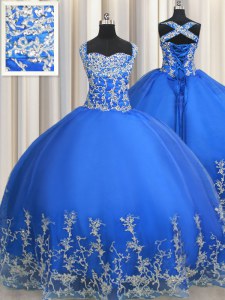 Customized Straps Floor Length Lace Up Ball Gown Prom Dress Blue for Military Ball and Sweet 16 and Quinceanera with Beading and Appliques