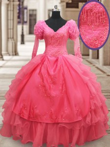 Pink Ball Gowns Beading and Embroidery and Ruffled Layers Ball Gown Prom Dress Zipper Organza Half Sleeves Floor Length
