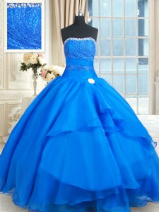 Blue Lace Up Strapless Beading and Lace and Sequins 15 Quinceanera Dress Organza Sleeveless Court Train