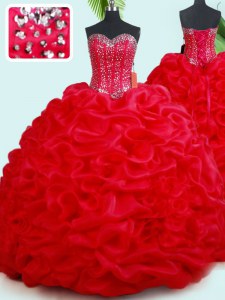 Red Ball Gowns Organza Sweetheart Sleeveless Beading and Pick Ups Lace Up Sweet 16 Dress Court Train