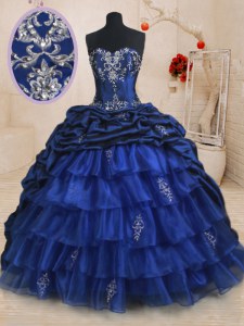 Pick Ups Ruffled Sweetheart Sleeveless Brush Train Lace Up Sweet 16 Dresses Royal Blue Organza and Taffeta