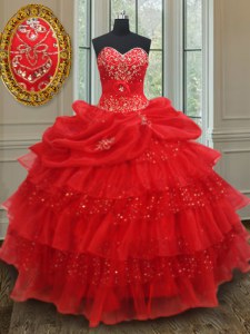 Red Sleeveless Floor Length Beading and Ruffled Layers and Sequins and Pick Ups Lace Up Vestidos de Quinceanera