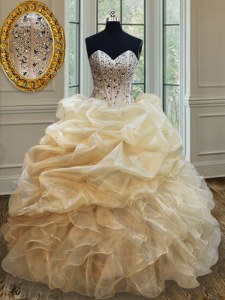 Champagne Sleeveless Beading and Ruffles Floor Length 15 Quinceanera Dress