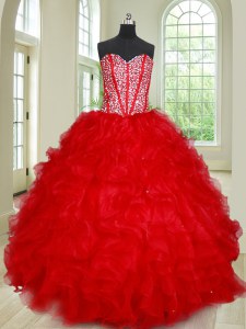 Fantastic Beading and Ruffles Quinceanera Gown Red Lace Up Sleeveless Floor Length