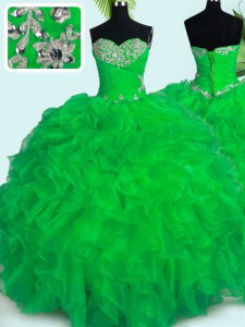 Attractive Green Sweetheart Lace Up Beading and Ruffles Ball Gown Prom Dress Sleeveless