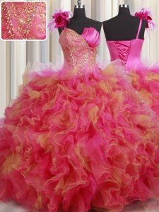Custom Design One Shoulder Multi-color Organza and Tulle Lace Up 15th Birthday Dress Sleeveless Floor Length Beading and Ruffles and Hand Made Flower