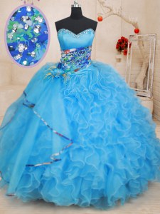 Admirable Baby Blue Sleeveless Beading and Ruffles and Pattern Floor Length Ball Gown Prom Dress