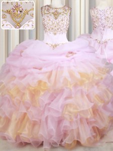 Custom Made Scoop Pink Organza Lace Up Sweet 16 Dresses Sleeveless With Train Court Train Beading and Ruffles and Pick Ups