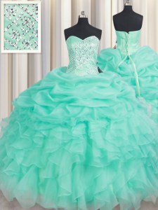 Captivating Apple Green Ball Gowns Sweetheart Sleeveless Organza Floor Length Lace Up Beading and Ruffles and Pick Ups Sweet 16 Dress