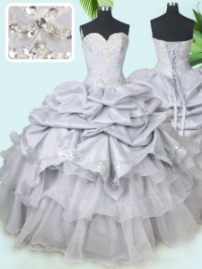Glorious Grey Ball Gowns Sweetheart Sleeveless Organza and Taffeta Floor Length Lace Up Beading and Sequins and Pick Ups Sweet 16 Dresses
